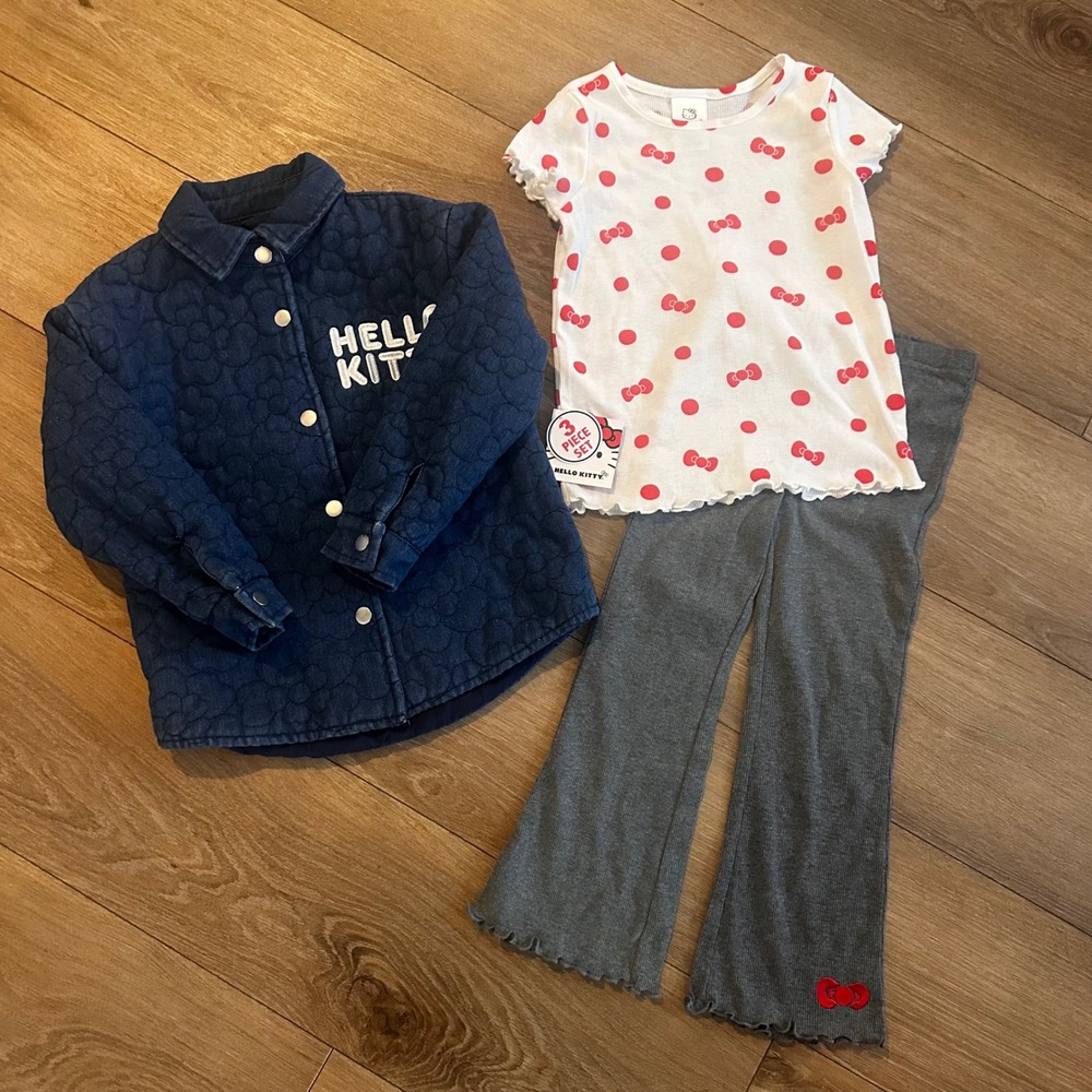 Hello Kitty 3 Piece Set Quilted Jacket Bow Print Top Leggings Girls 5/6 NEW